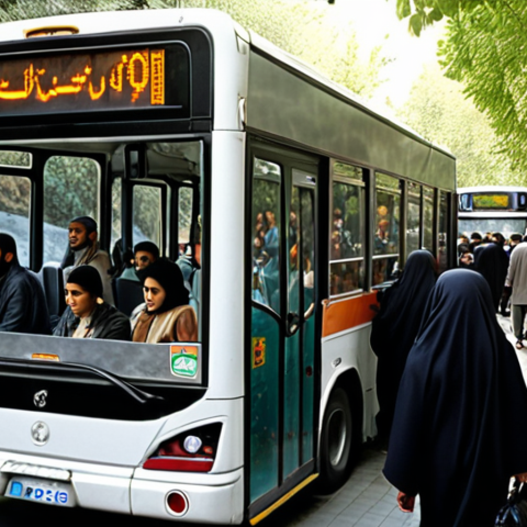 **Crowded City Bus in Tehran:** Depict a busy city bus in Tehran, showing the close proximity of passengers and the local atmosphere.