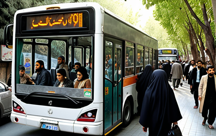 **Crowded City Bus in Tehran:** Depict a busy city bus in Tehran, showing the close proximity of passengers and the local atmosphere.