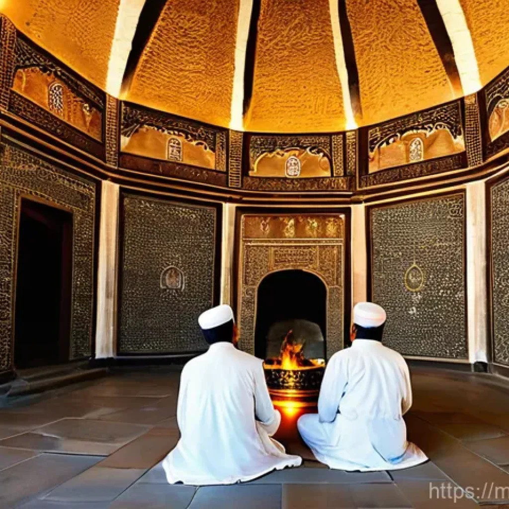 이란의 종교적 다양성 - **A Zoroastrian Fire Temple Scene:**
    An atmospheric, wide-angle shot inside an ancient Zoroastri...