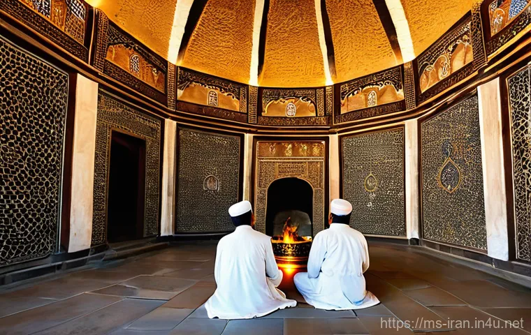 이란의 종교적 다양성 - **A Zoroastrian Fire Temple Scene:**
An atmospheric, wide-angle shot inside an ancient Zoroastri...